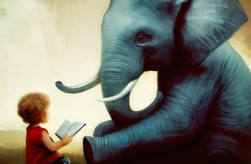 niño leyendo un cuento a un elefante